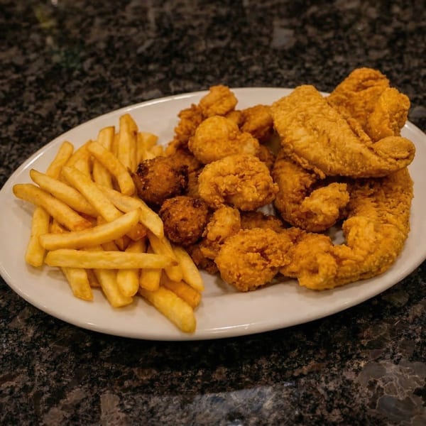 A white oval plate filled with golden-brown fried catfish, popcorn shrimp, hushpuppies, and french fries.
