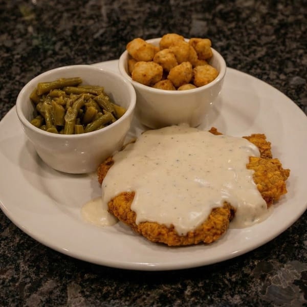 T-Doug's Cajun Cuisine chicken fried steak with gravy, green beans, and tater tots on a white plate.
