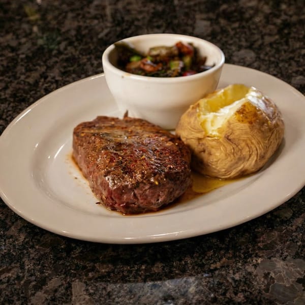 Cajun steak with a baked potato and a side of mixed vegetables on a white plate.